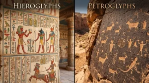 difference between hieroglyphs and petroglyphs